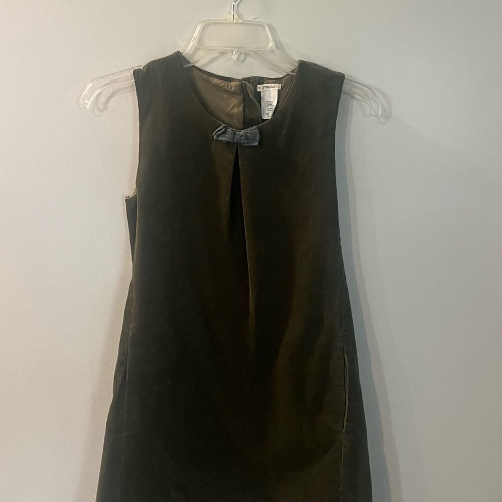 Crewcuts Army Green Velvet Sleeveless Shift Dress with Small Bow